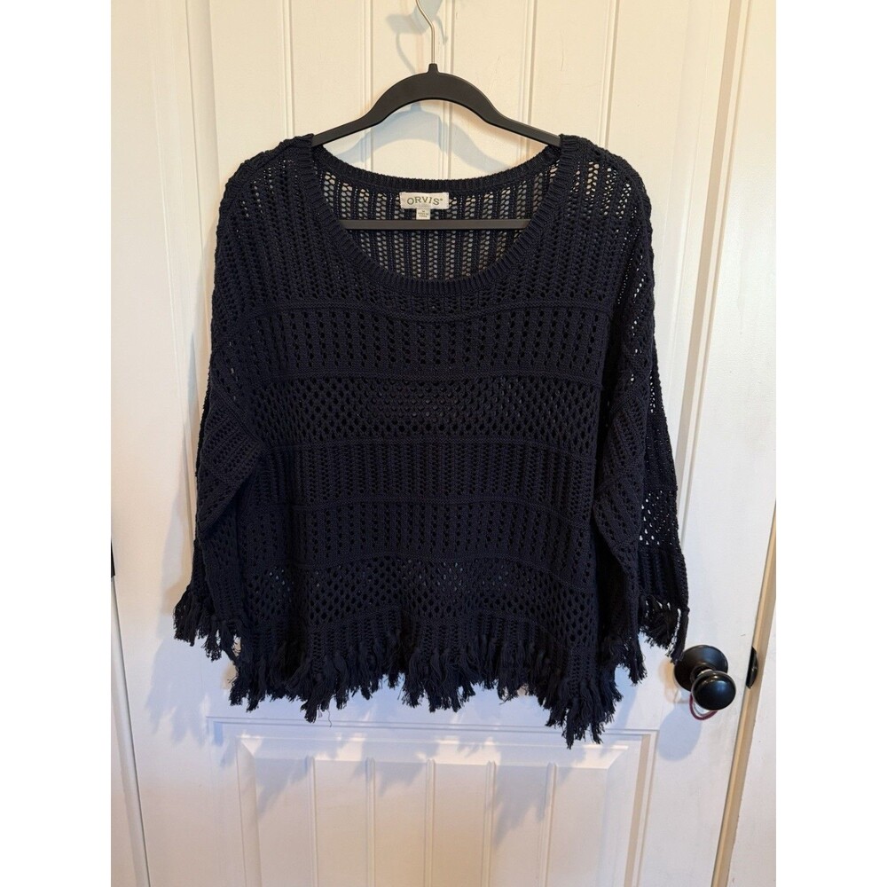 Orvis Womens M Navy Blue 100% Cotton Crochet Open Knit Fringe Sweater Boho